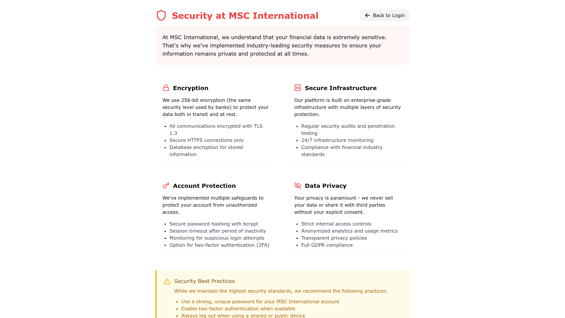 MSC International security page describing 256-bit encryption, secure infrastructure, account protection and data privacy practices.