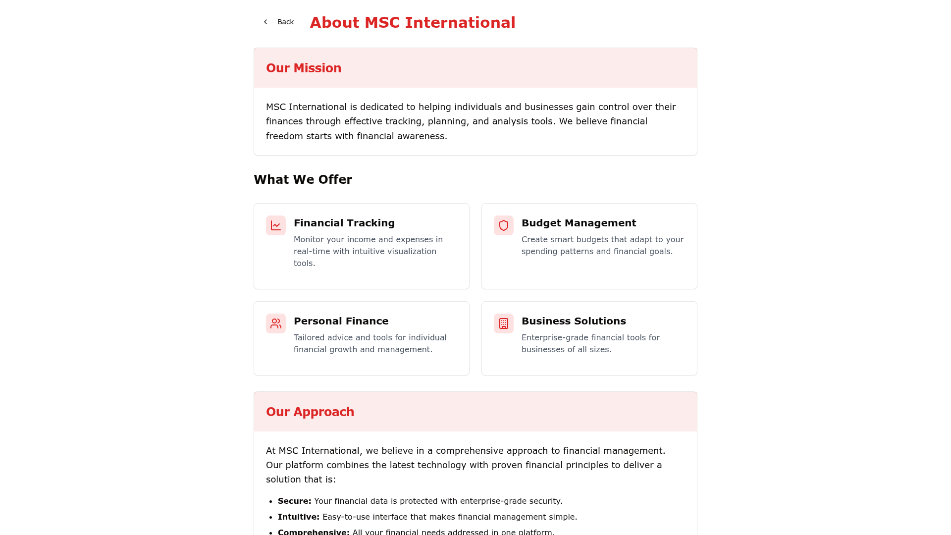 About MSC International page outlining the mission and the financial tracking, budget management, personal finance and business solutions on offer.