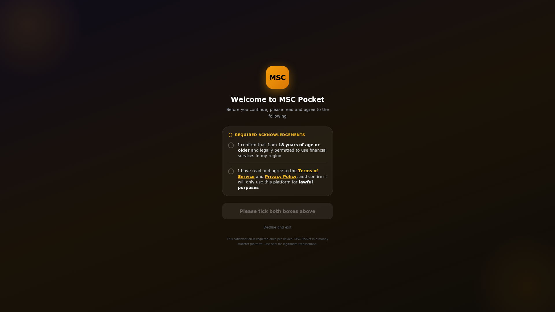 MSC Pocket welcome screen with required acknowledgements for age verification and acceptance of the terms of service and privacy policy before continuing.