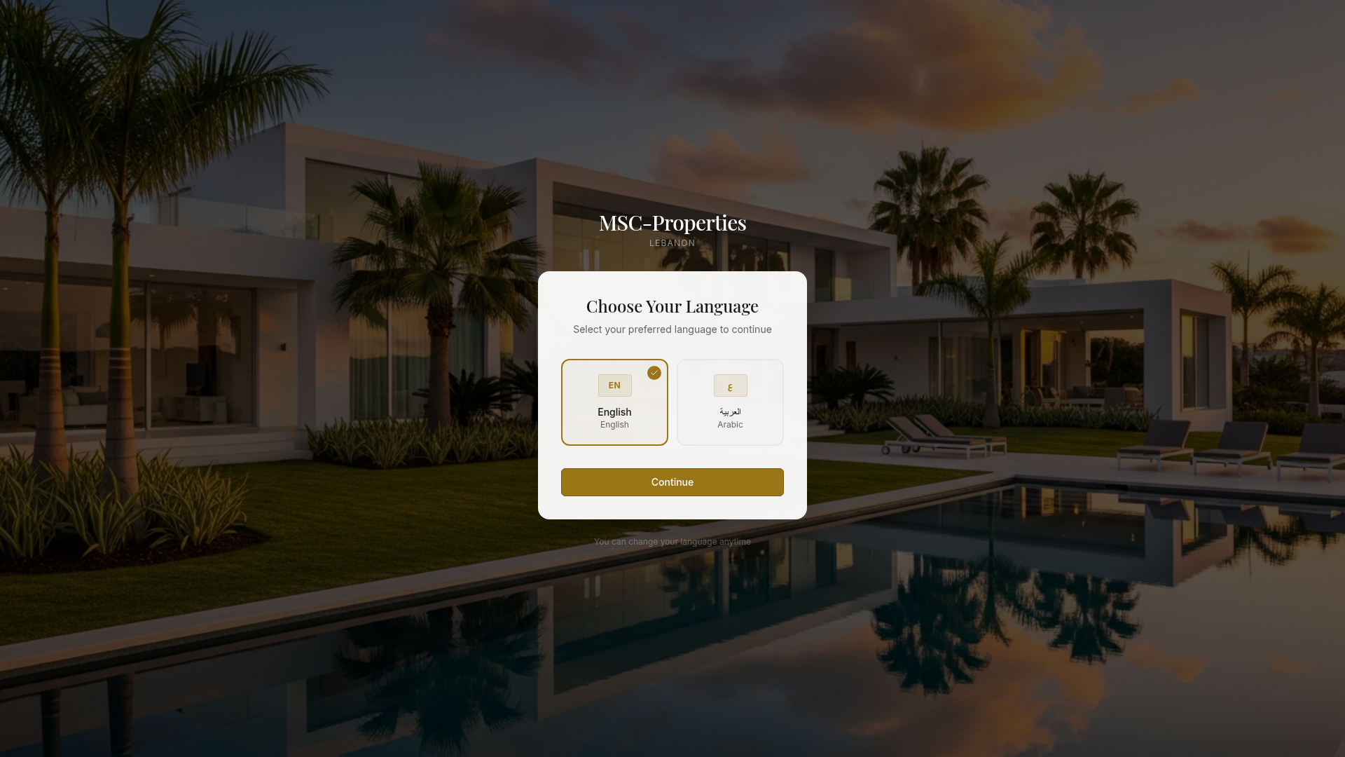 MSC-Properties Lebanon homepage featuring a luxury villa exterior with pool and a 'Choose Your Language' English or Arabic selection dialog.