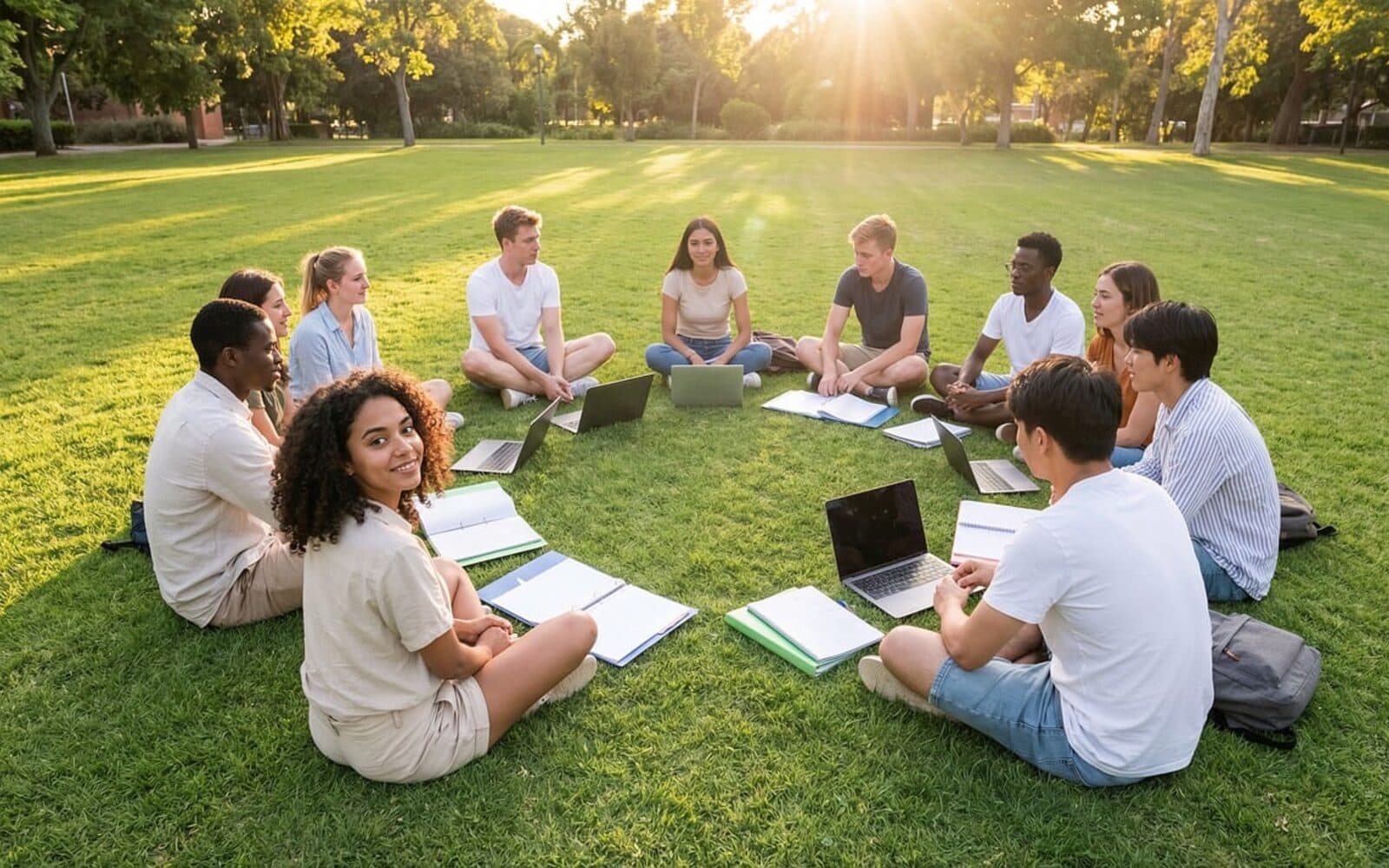 Concept image of a large group of university students sitting in a circle on the grass at sunset with laptops and notebooks during a club meet-up.