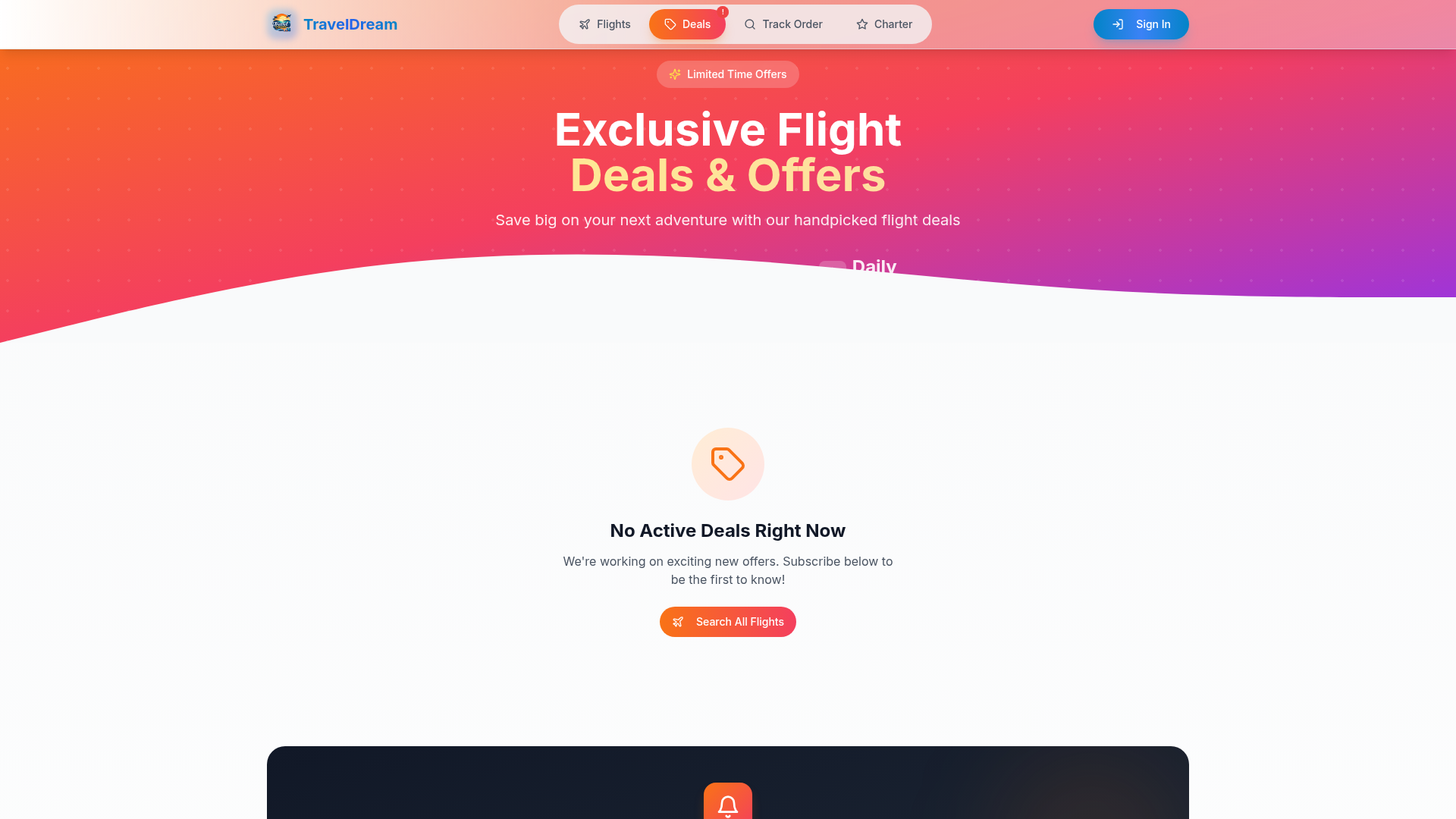 Travel Dream exclusive flight deals and offers page promoting handpicked flight deals with daily updates.