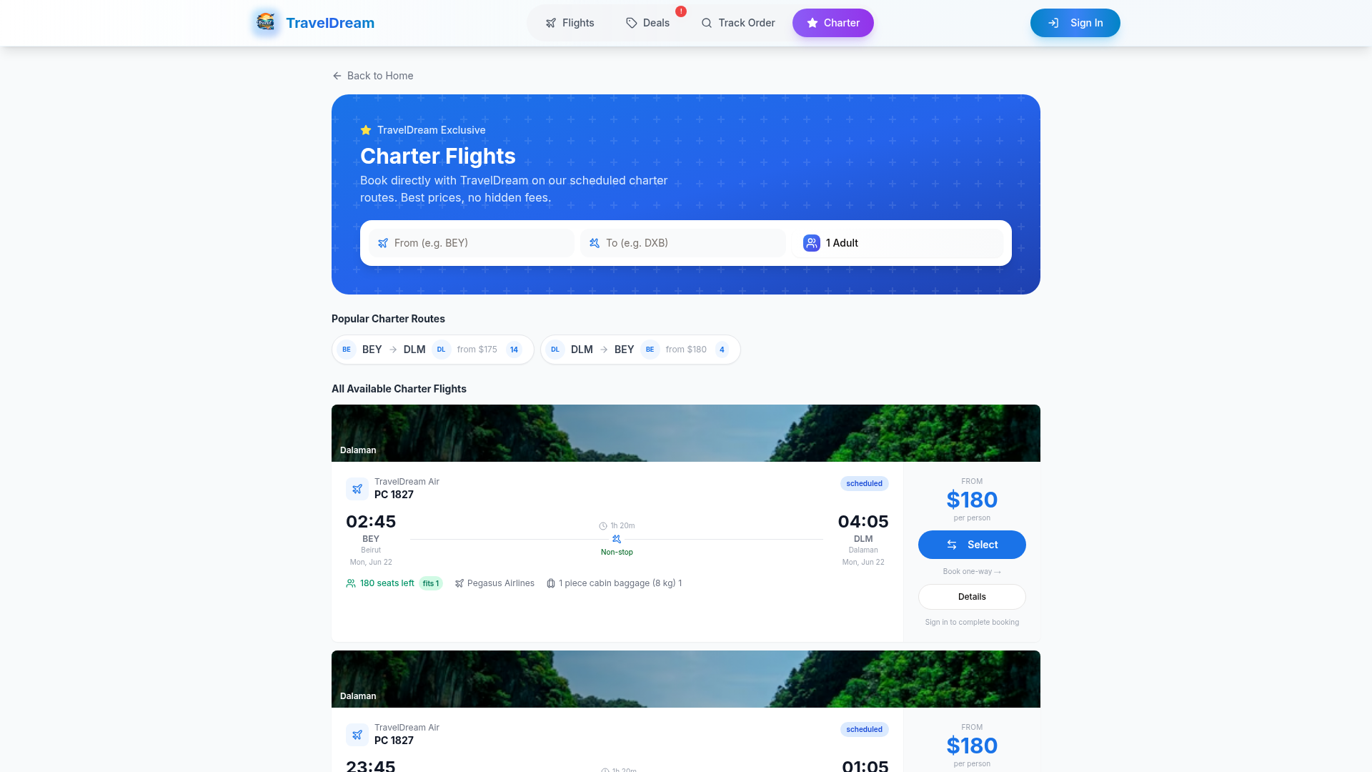 Travel Dream charter flights page showing scheduled BEY-DLM and DLM-BEY routes with TravelDream Air pricing and per-person fares.