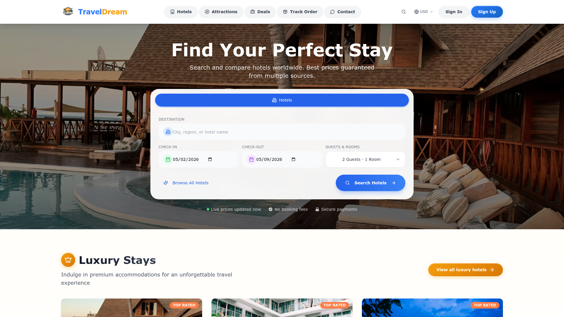 Travel Dream Hotel homepage with the hotels, attractions, deals and track order navigation and currency selector.