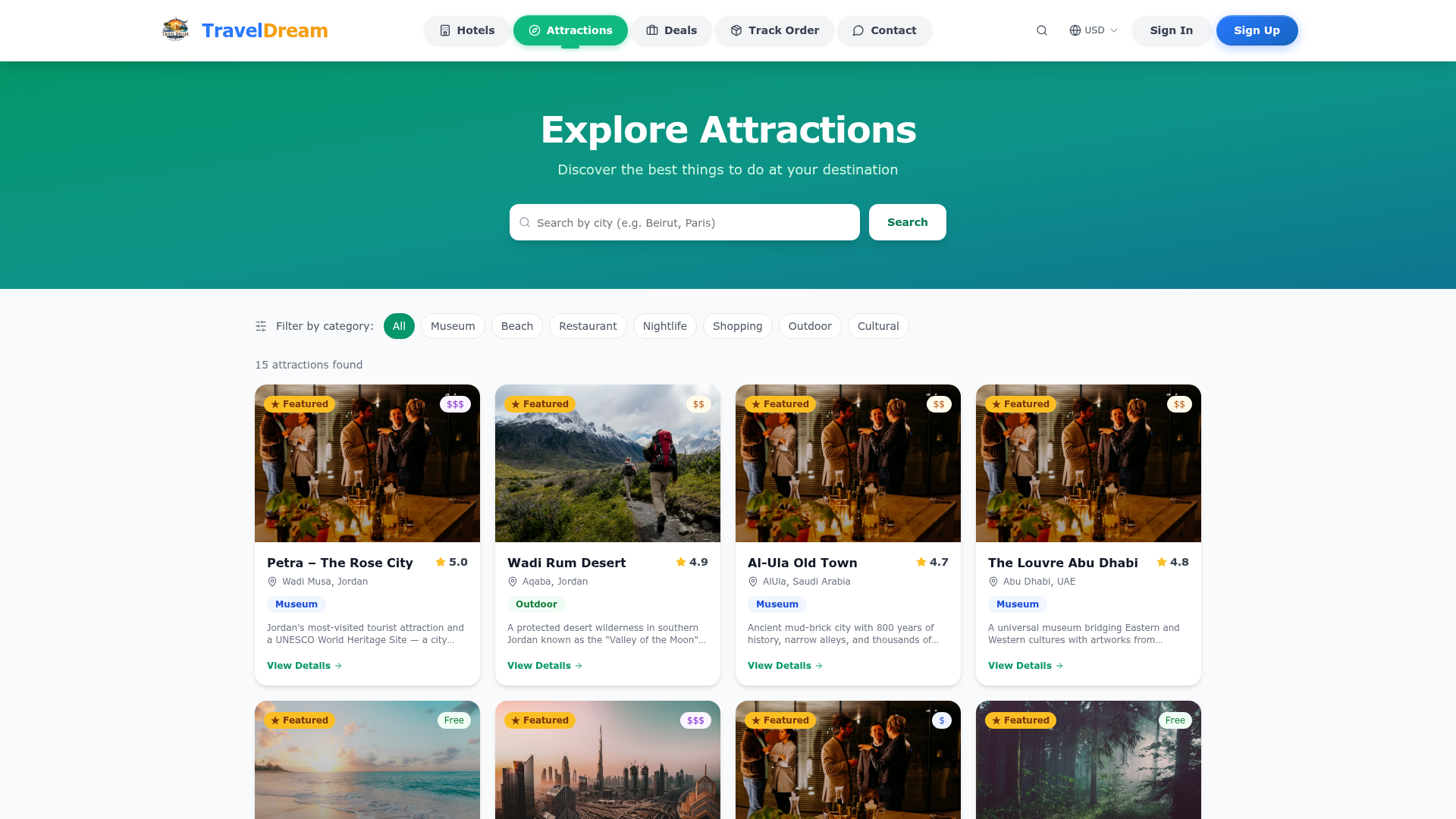 Travel Dream Hotel attractions explorer showing featured destinations like Petra, Wadi Rum Desert, Al-Ula Old Town and the Louvre Abu Dhabi with category filters.