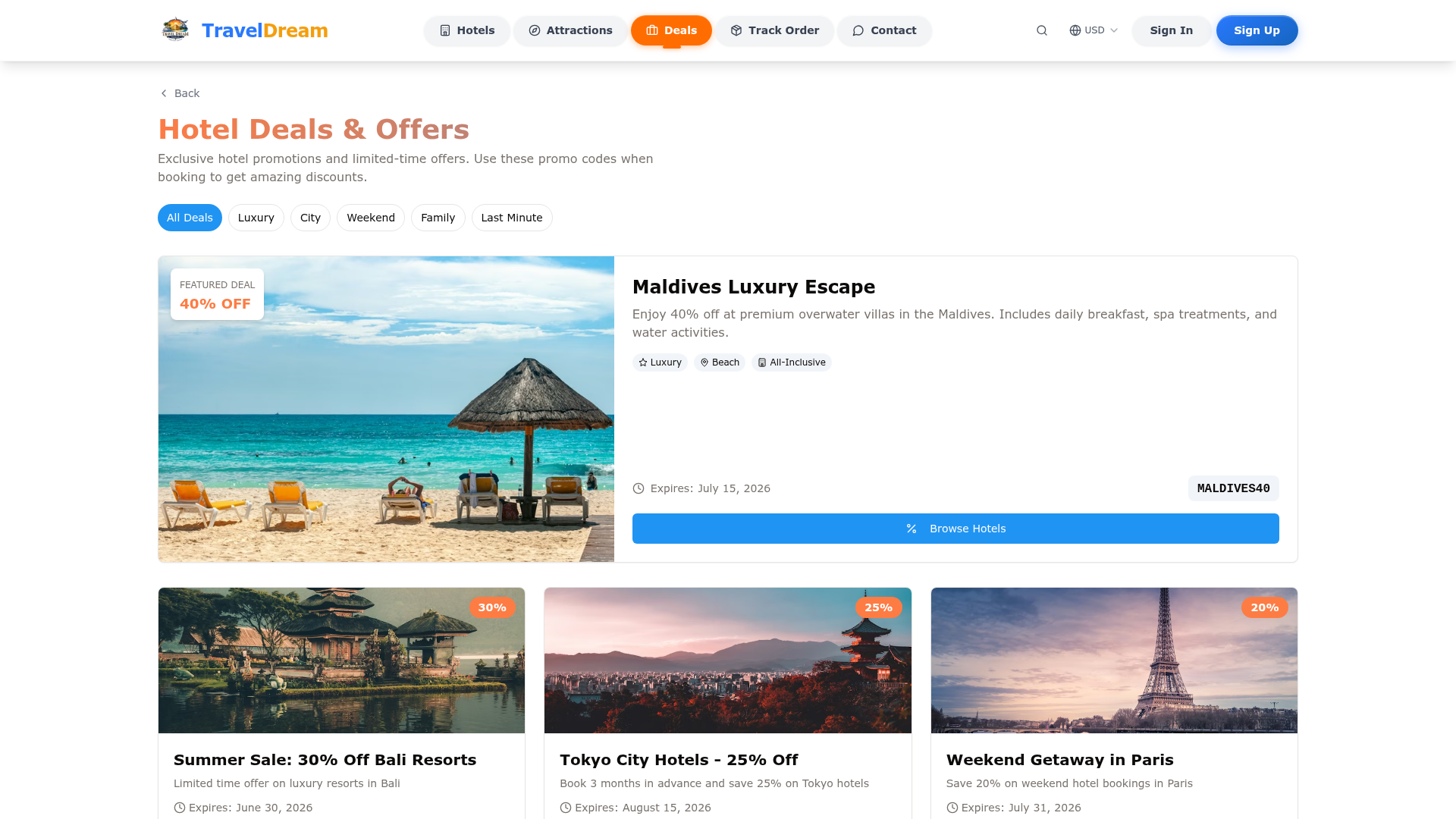 Travel Dream Hotel deals and offers page featuring a 40% off Maldives Luxury Escape promo plus 30% off Bali Resorts, 25% off Tokyo Hotels and 20% off Paris weekend getaway.